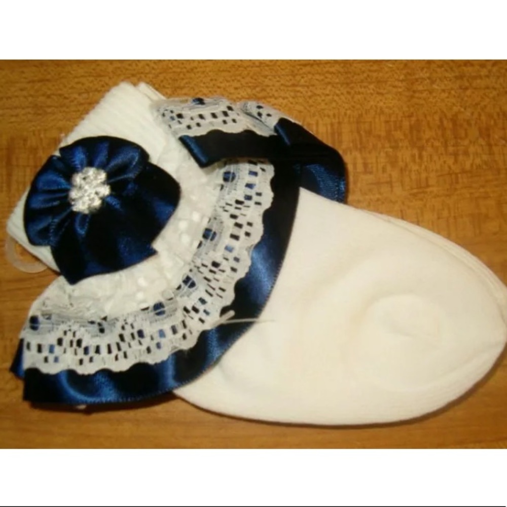 Navy & White Lace ruffled Easter pageant dressy church socks BWT